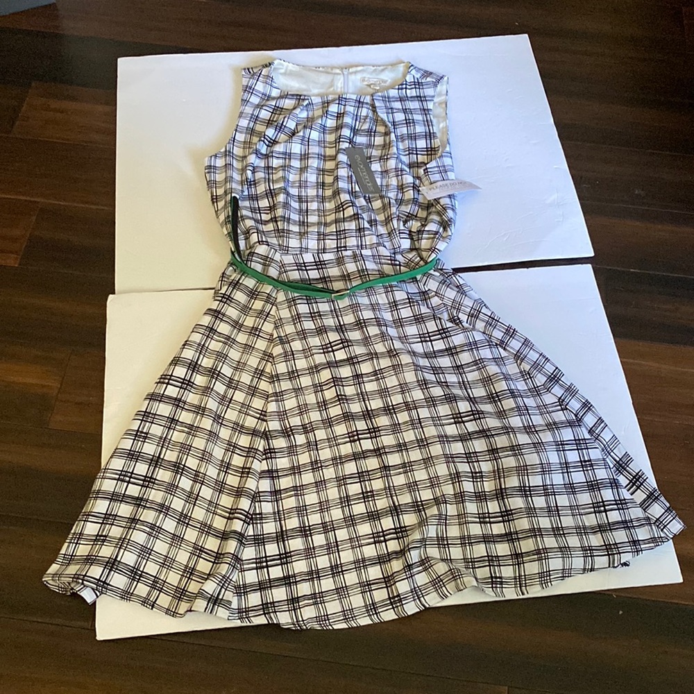 Black and white checkered dress with reversible black or green belt